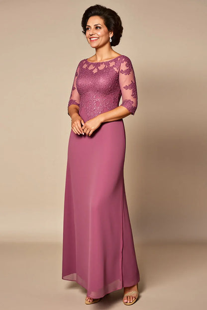 Elegant Dusty Rose Lace Sheath Illusion Short Sleeve Floor-Length Mother of the Bride Dress