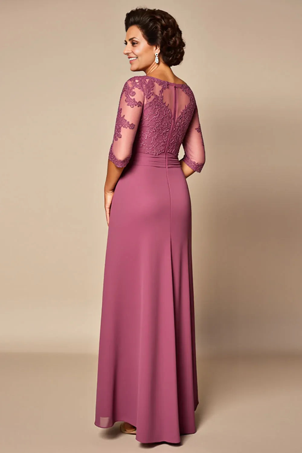 Elegant Dusty Rose Lace Sheath Illusion Short Sleeve Floor-Length Mother of the Bride Dress