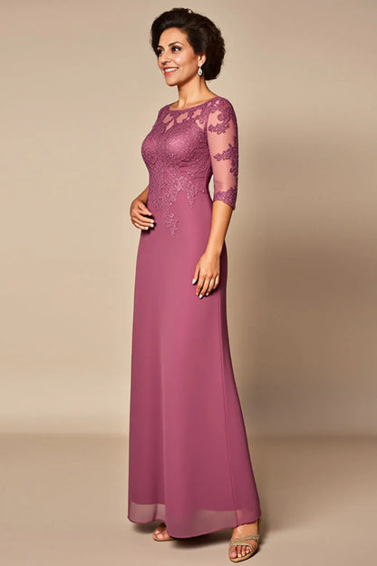 Elegant Dusty Rose Lace Sheath Illusion Short Sleeve Floor-Length Mother of the Bride Dress