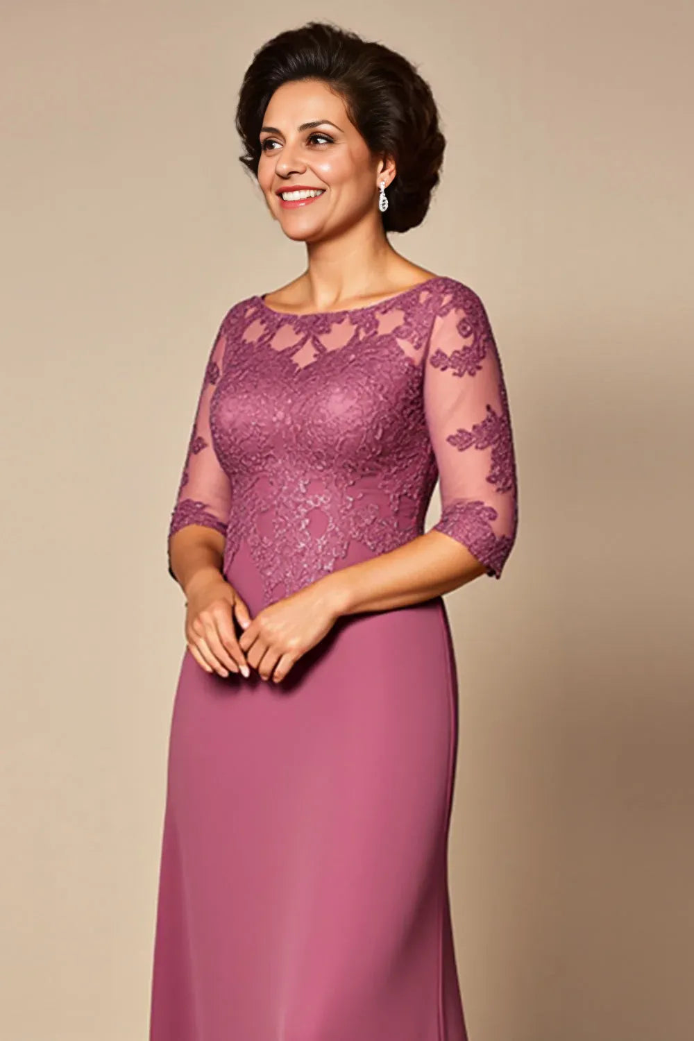 Elegant Dusty Rose Lace Sheath Illusion Short Sleeve Floor-Length Mother of the Bride Dress