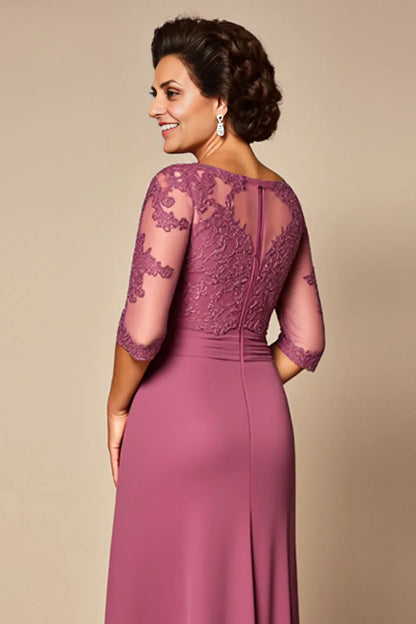 Elegant Dusty Rose Lace Sheath Illusion Short Sleeve Floor-Length Mother of the Bride Dress