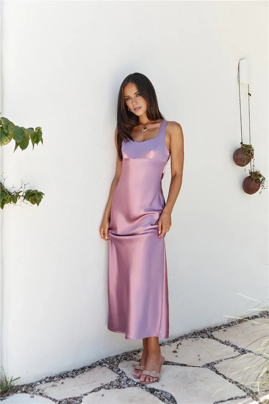 Graceful Stylish Refined Elegant Mauve Satin Sheath Square Neck Sleeveless Prom Dress