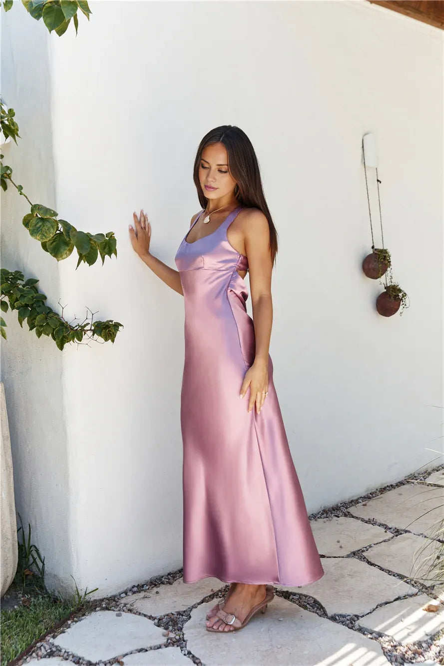 Graceful Stylish Refined Elegant Mauve Satin Sheath Square Neck Sleeveless Prom Dress