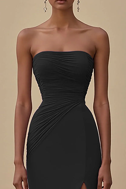 Sophisticated Graceful Stylish Elegant Black Chiffon Sheath Strapless Sleeveless Floor-Length Evening Dress