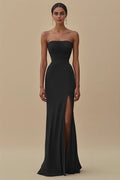 Sophisticated Graceful Stylish Elegant Black Chiffon Sheath Strapless Sleeveless Floor-Length Evening Dress