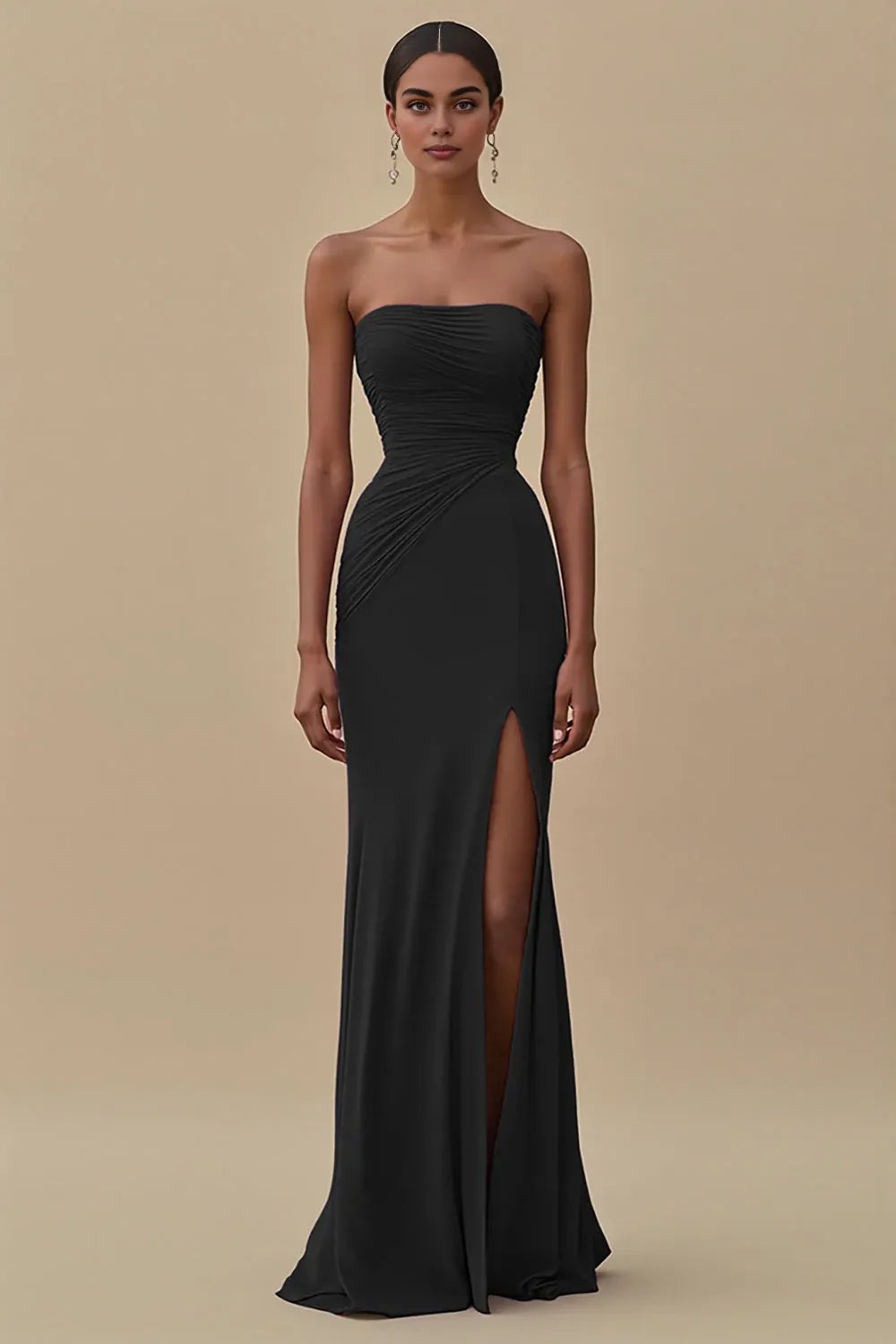 Sophisticated Graceful Stylish Elegant Black Chiffon Sheath Strapless Sleeveless Floor-Length Evening Dress