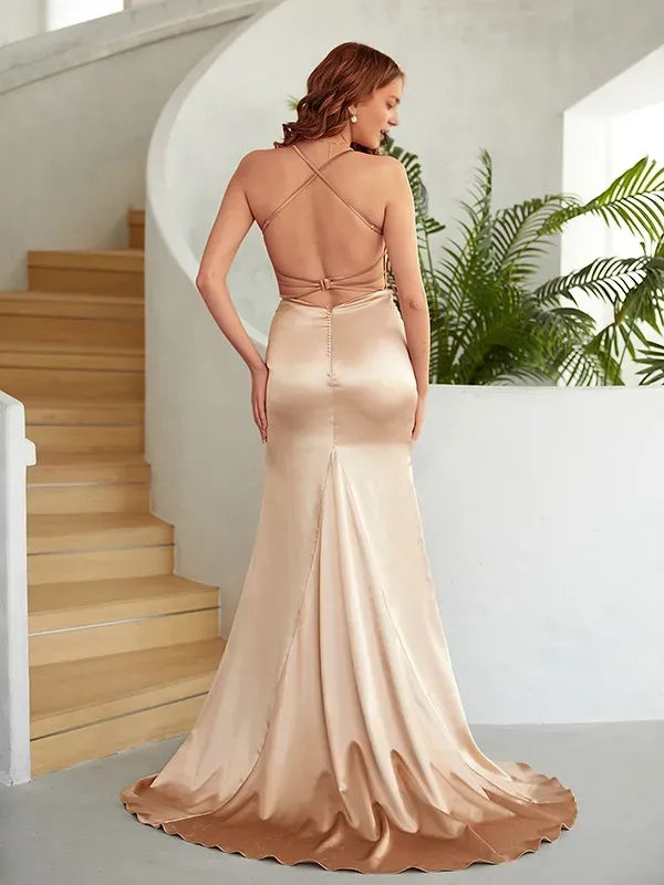 Sheath Cowl-Neck Spaghetti Straps Cross-Back Floor-Length Ruched Prom Dresses with Slit