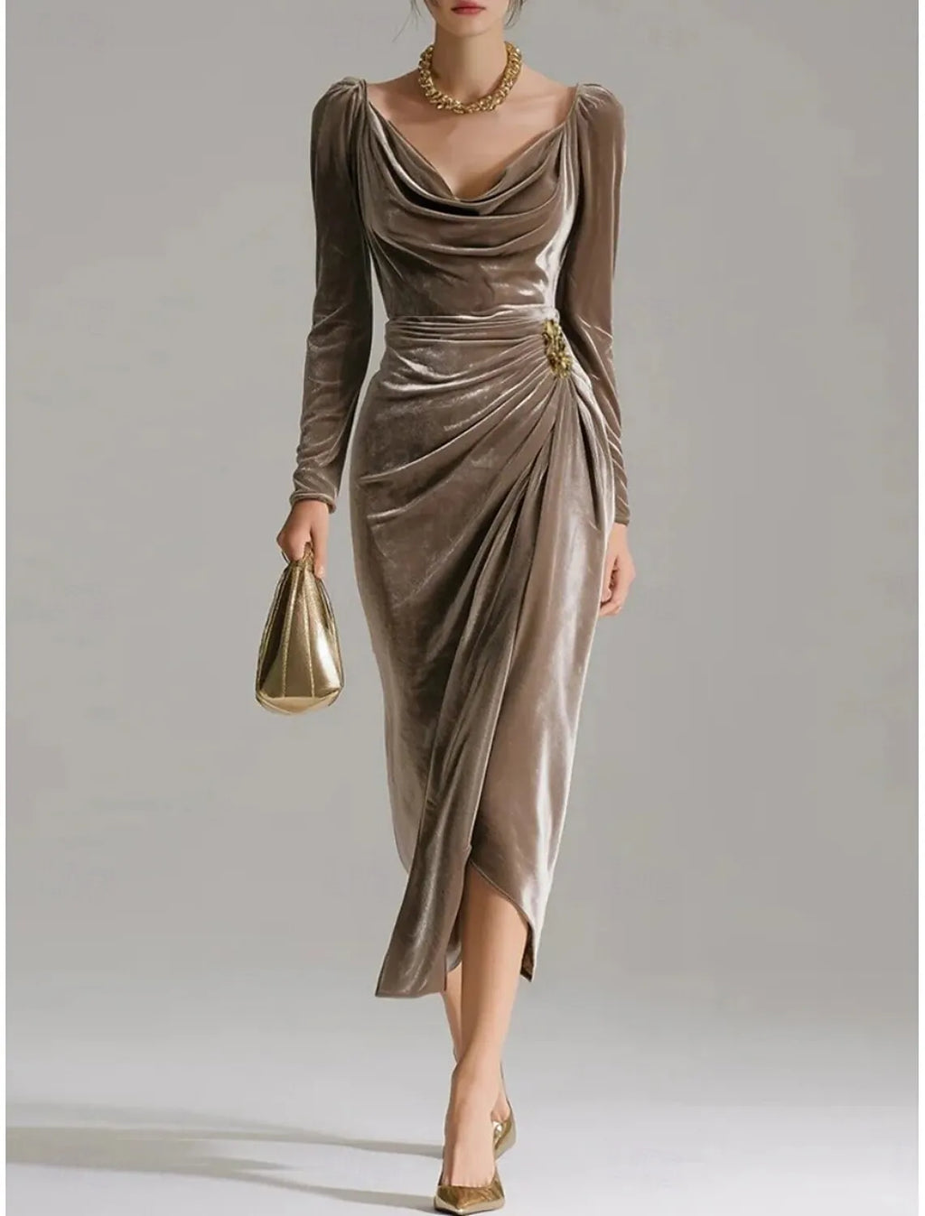 Taupe Sheath Cowl Neck Long-sleeve Ruched Midi Evening Dress for Women Hot Sale