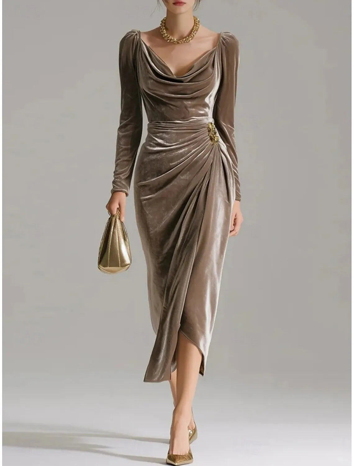 Taupe Sheath Cowl Neck Long-sleeve Ruched Midi Evening Dress for Women Hot Sale