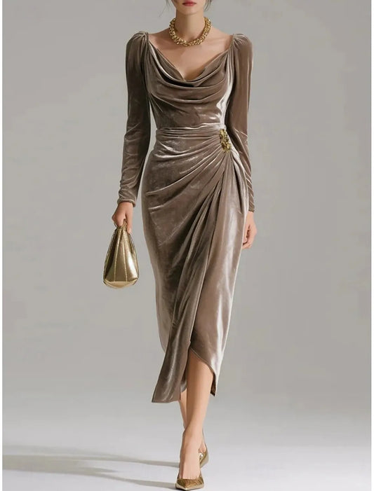 Elegant Red A-Line Classic-Neck Long-Sleeve Classic-Back Midi-Length Evening Dress