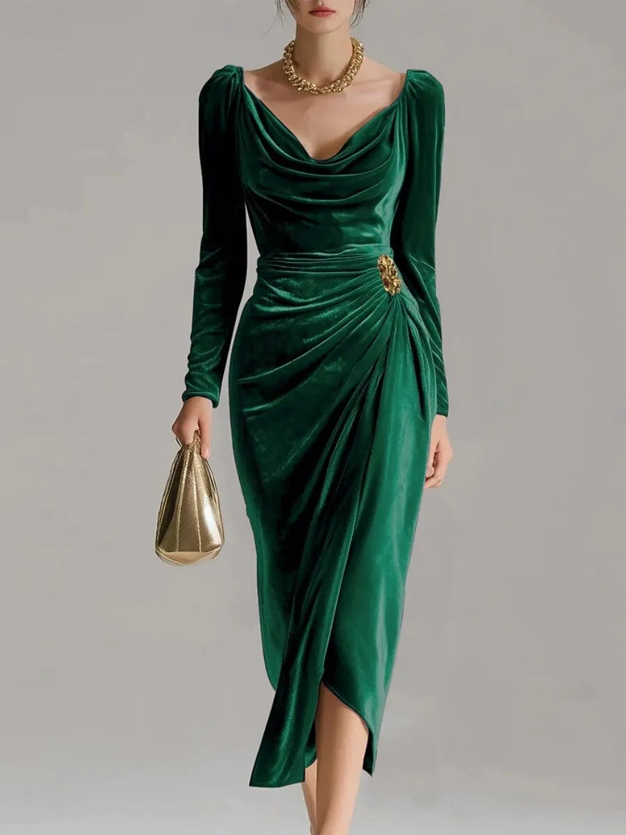 Taupe Sheath Cowl Neck Long-sleeve Ruched Midi Evening Dress for Women Hot Sale