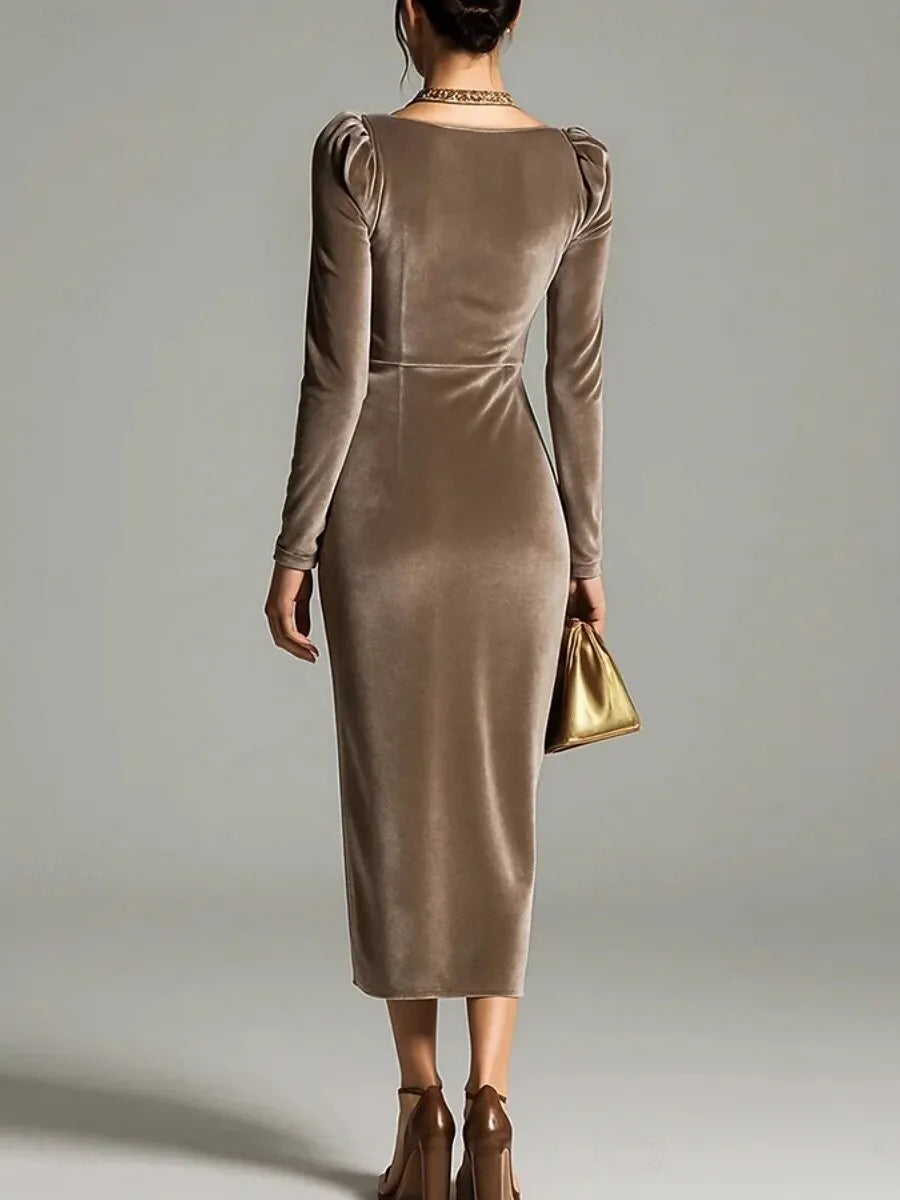 Taupe Sheath Cowl Neck Long-sleeve Ruched Midi Evening Dress for Women Hot Sale