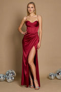 Burgundy Sheath Cowl Neck Spaghetti Strap Up Draped Corset Slit Floor-Length Prom Dress