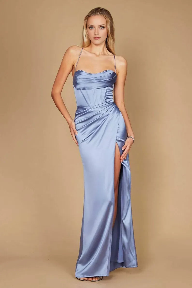 Burgundy Sheath Cowl Neck Spaghetti Strap Up Draped Corset Slit Floor-Length Prom Dress