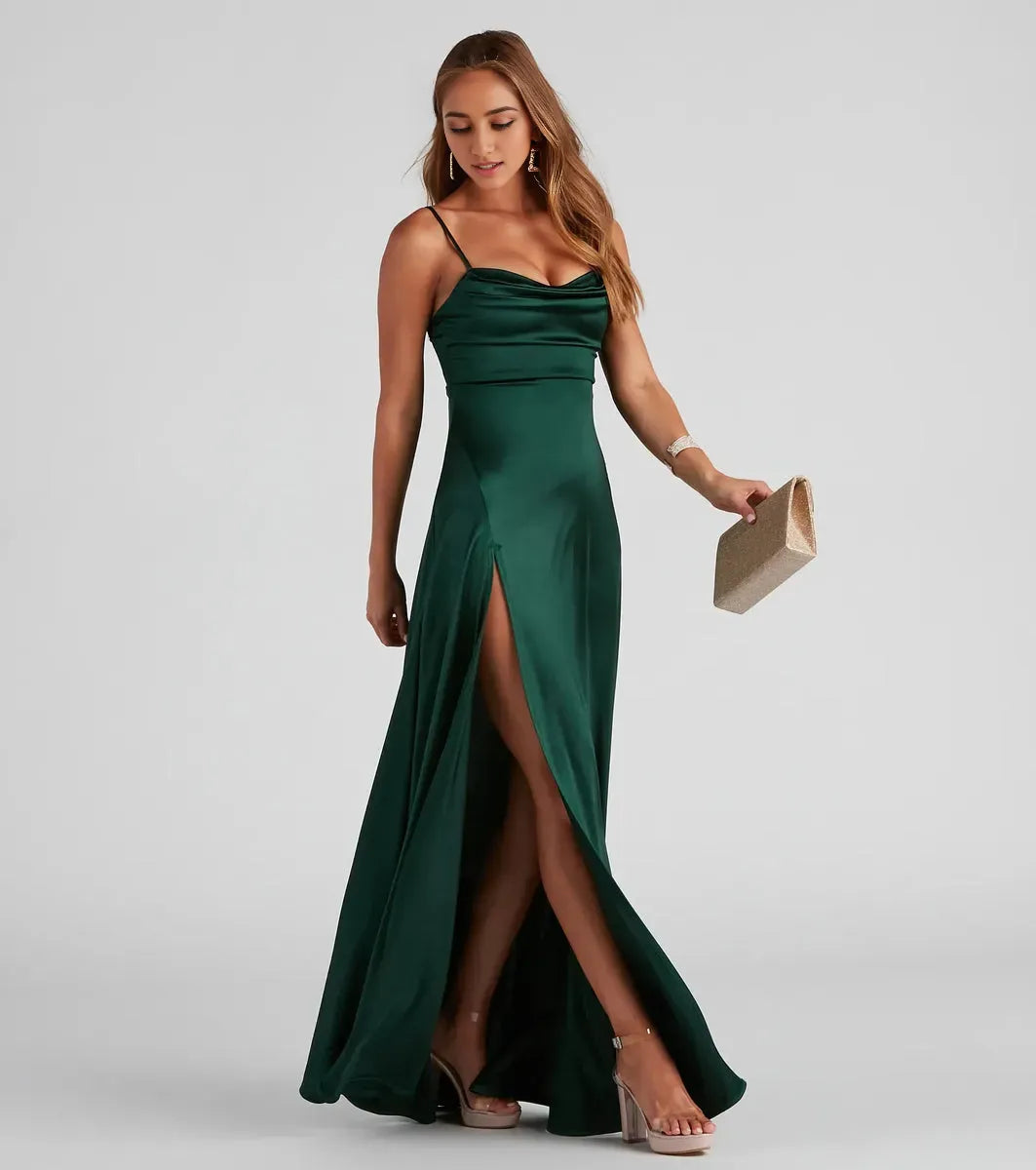 Sheath Cowl Neckline Spaghetti-Strap Sleeveless Back Zip pleated High Side Slit Floor-Length Prom Dresses