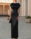 Black Sheath Crew Neck Cap Sleeve Cowl Back Ankle-Length Evening Dresses
