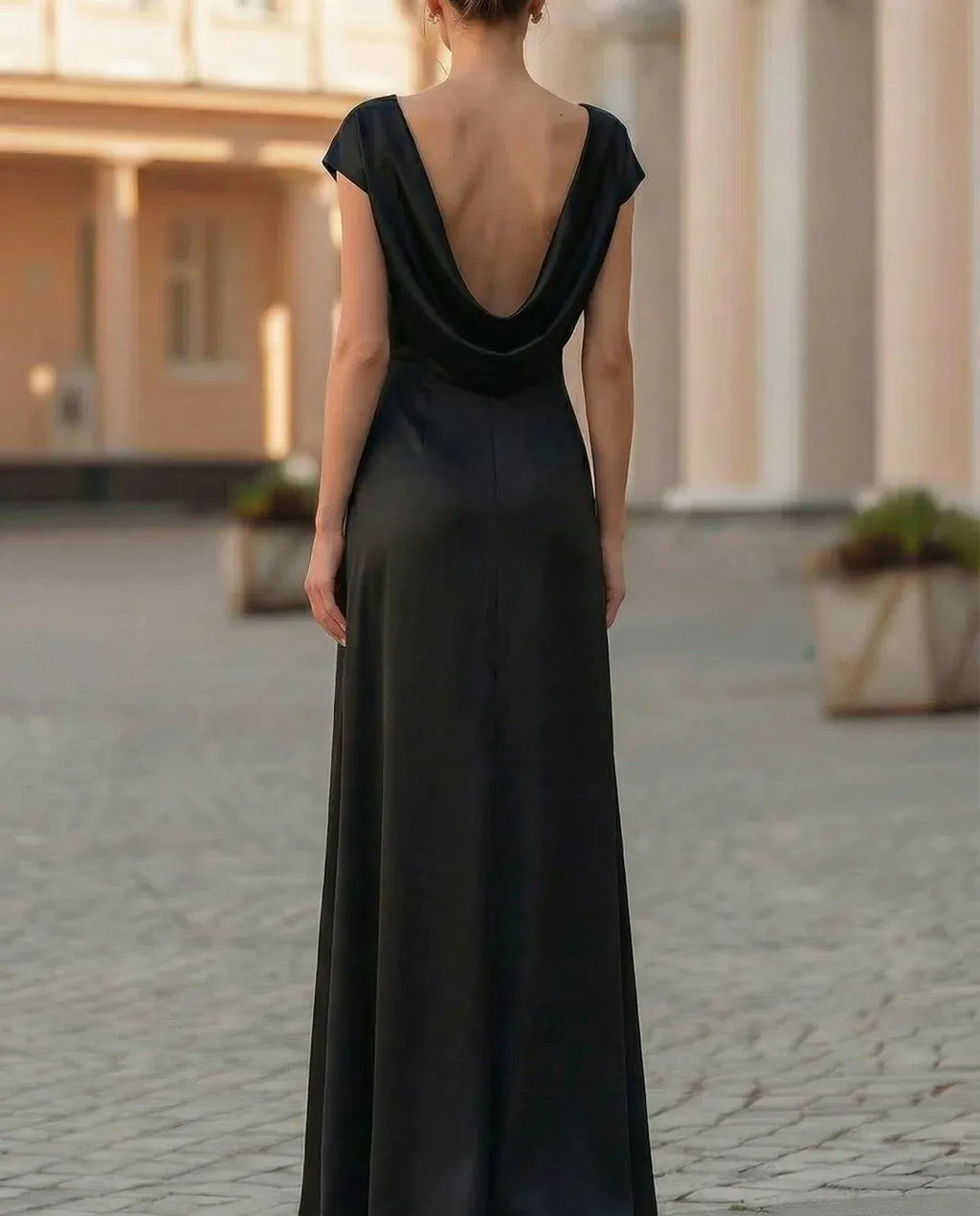 Black Sheath Crew Neck Cap Sleeve Cowl Back Ankle-Length Evening Dresses