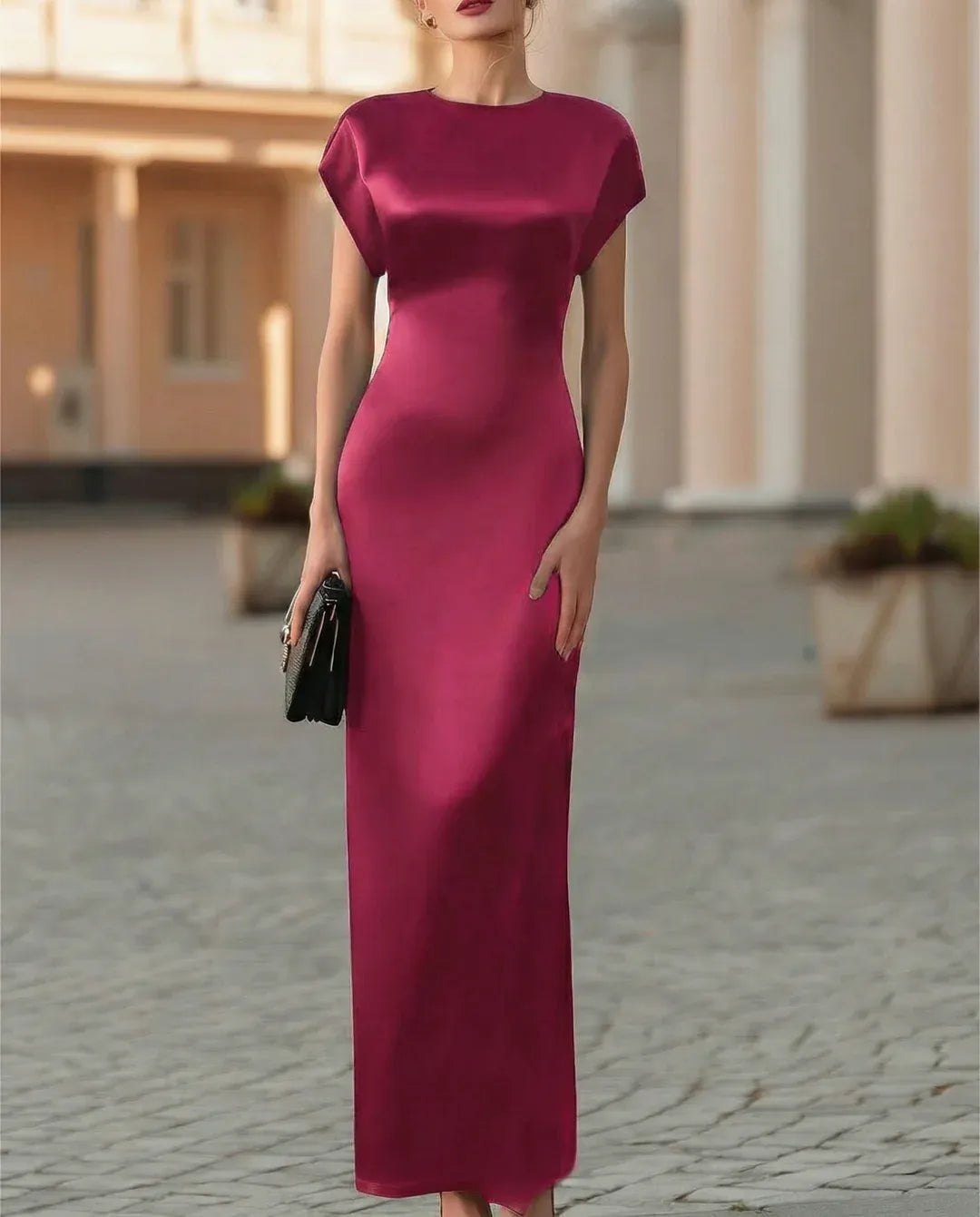 Black Sheath Crew Neck Cap Sleeve Cowl Back Ankle-Length Evening Dresses