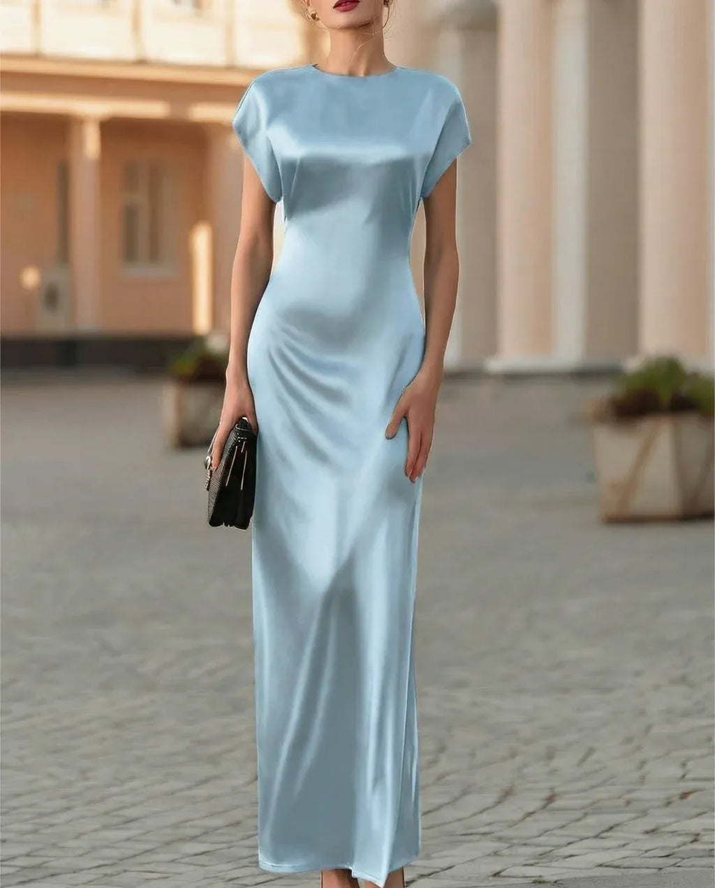 Black Sheath Crew Neck Cap Sleeve Cowl Back Ankle-Length Evening Dresses