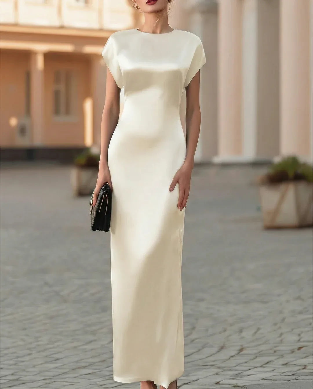Black Sheath Crew Neck Cap Sleeve Cowl Back Ankle-Length Evening Dresses