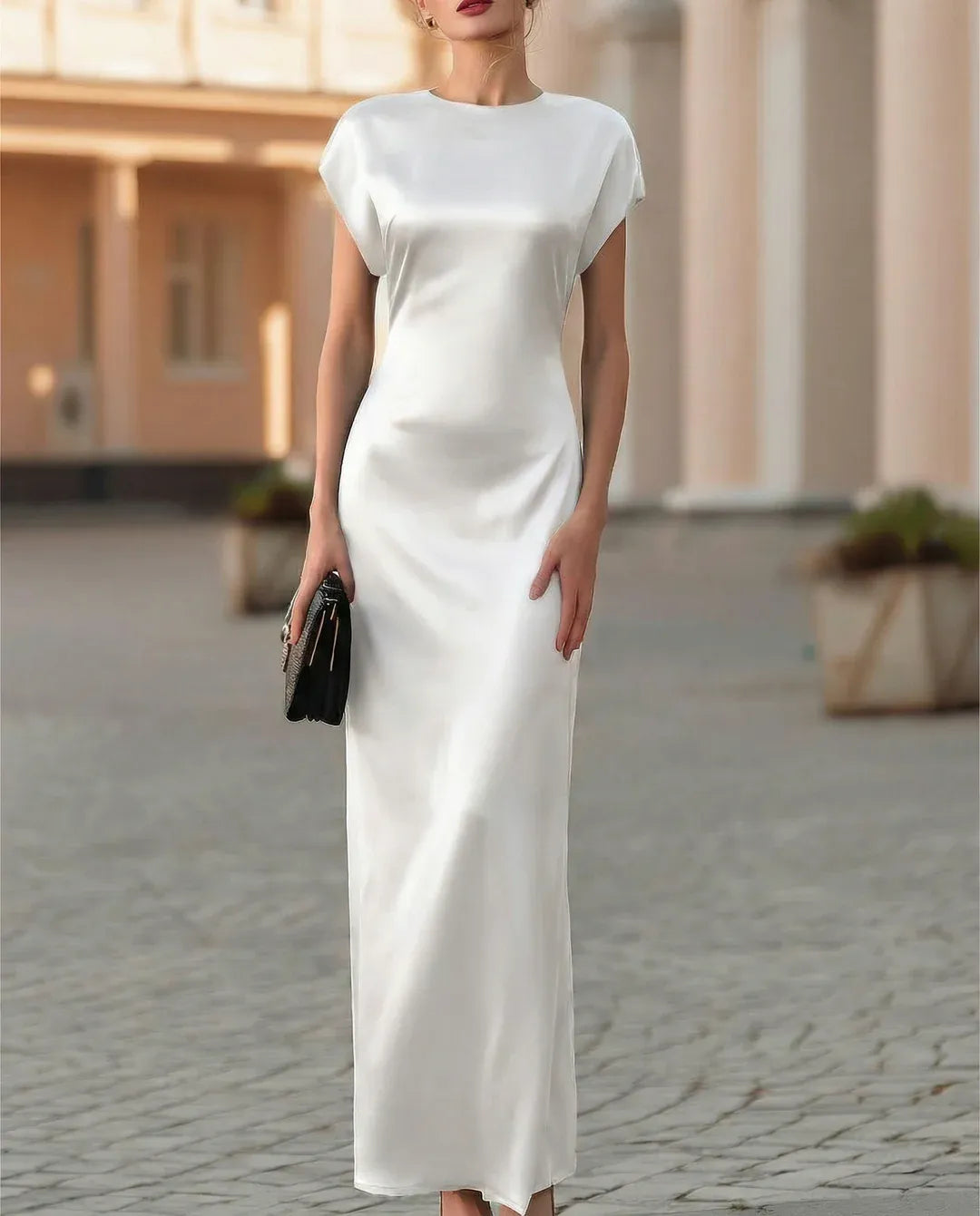 Black Sheath Crew Neck Cap Sleeve Cowl Back Ankle-Length Evening Dresses