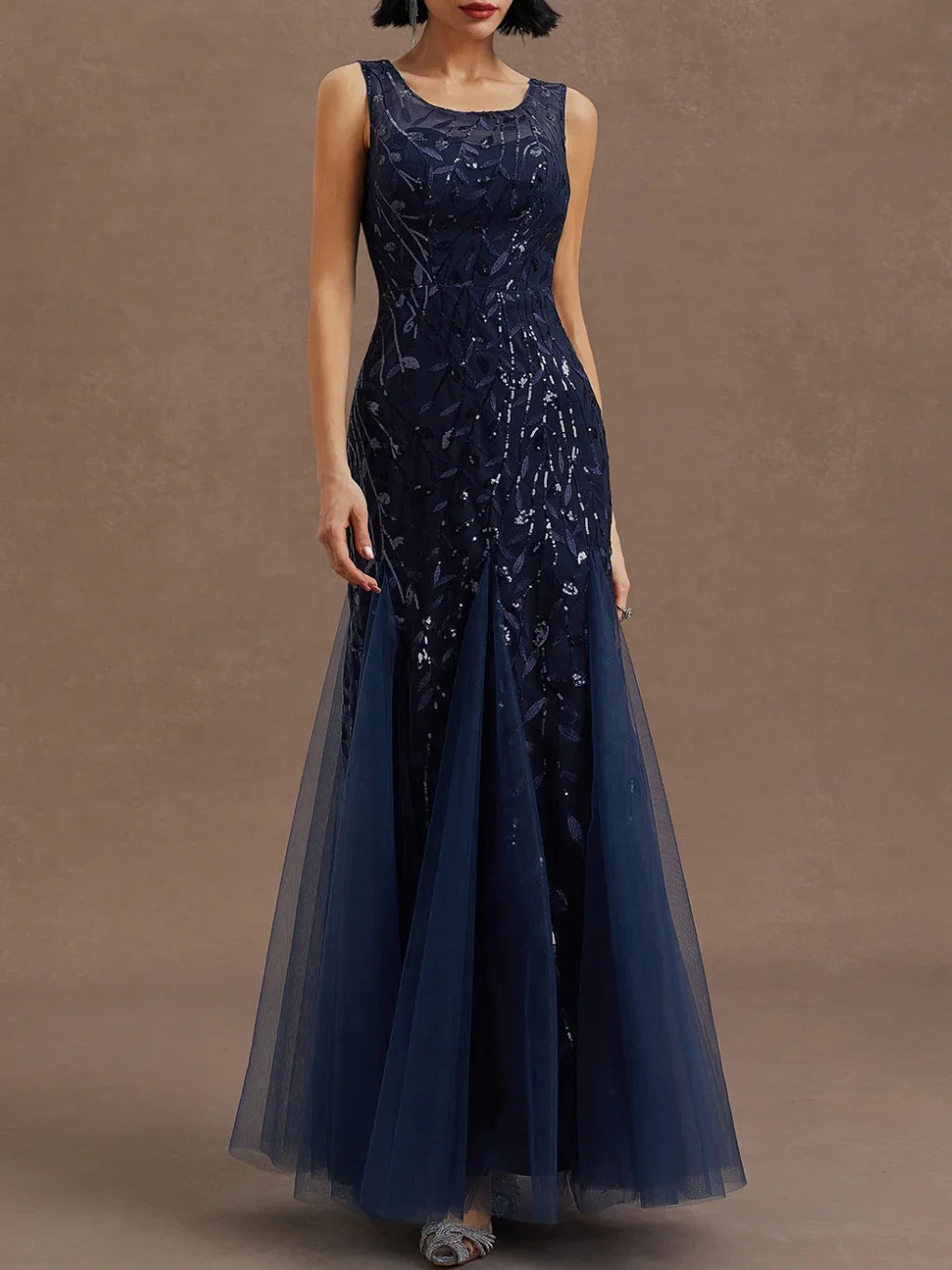 Sophisticated Graceful Stylish Elegant Navy Blue Tulle Sheath Sleeveless Floor-Length Prom Dress