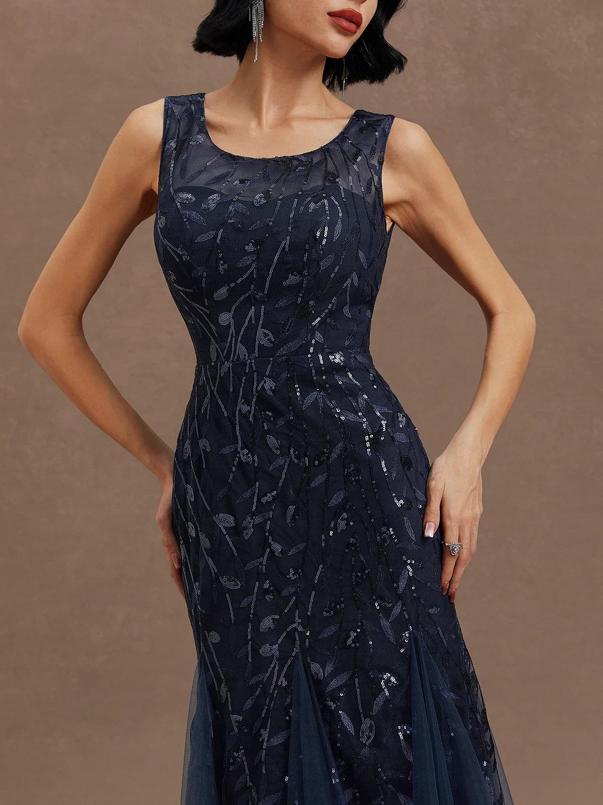 Sophisticated Graceful Stylish Elegant Navy Blue Tulle Sheath Sleeveless Floor-Length Prom Dress