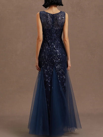 Sophisticated Graceful Stylish Elegant Navy Blue Tulle Sheath Sleeveless Floor-Length Prom Dress