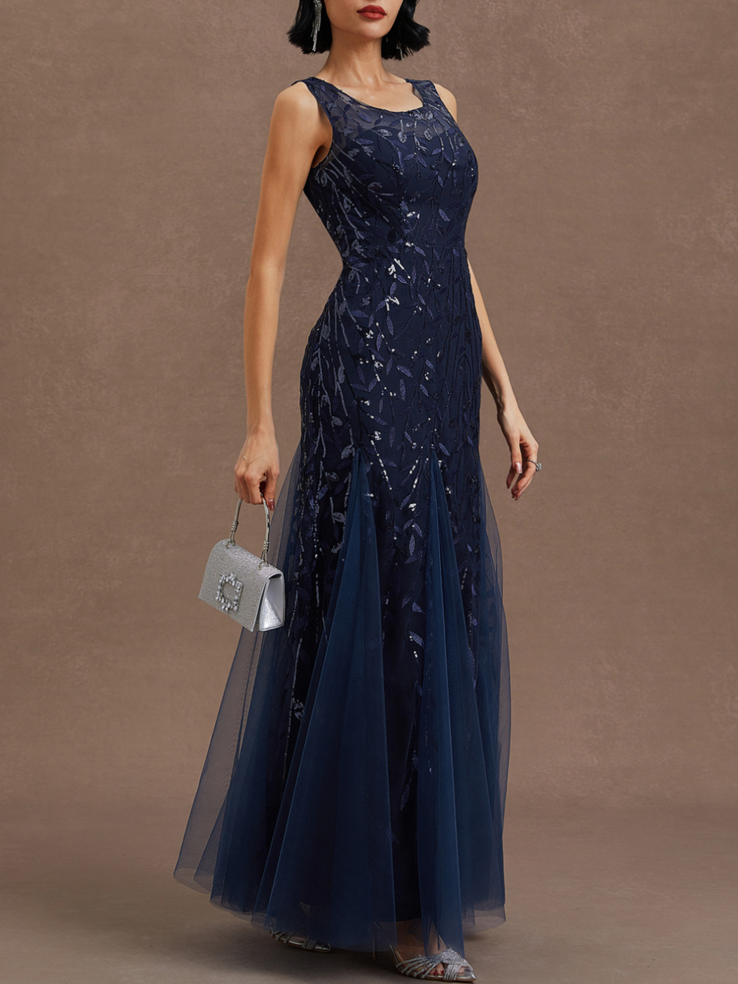 Sophisticated Graceful Stylish Elegant Navy Blue Tulle Sheath Sleeveless Floor-Length Prom Dress