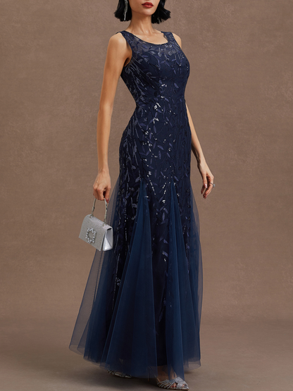 Sophisticated Graceful Stylish Elegant Navy Blue Tulle Sheath Sleeveless Floor-Length Prom Dress