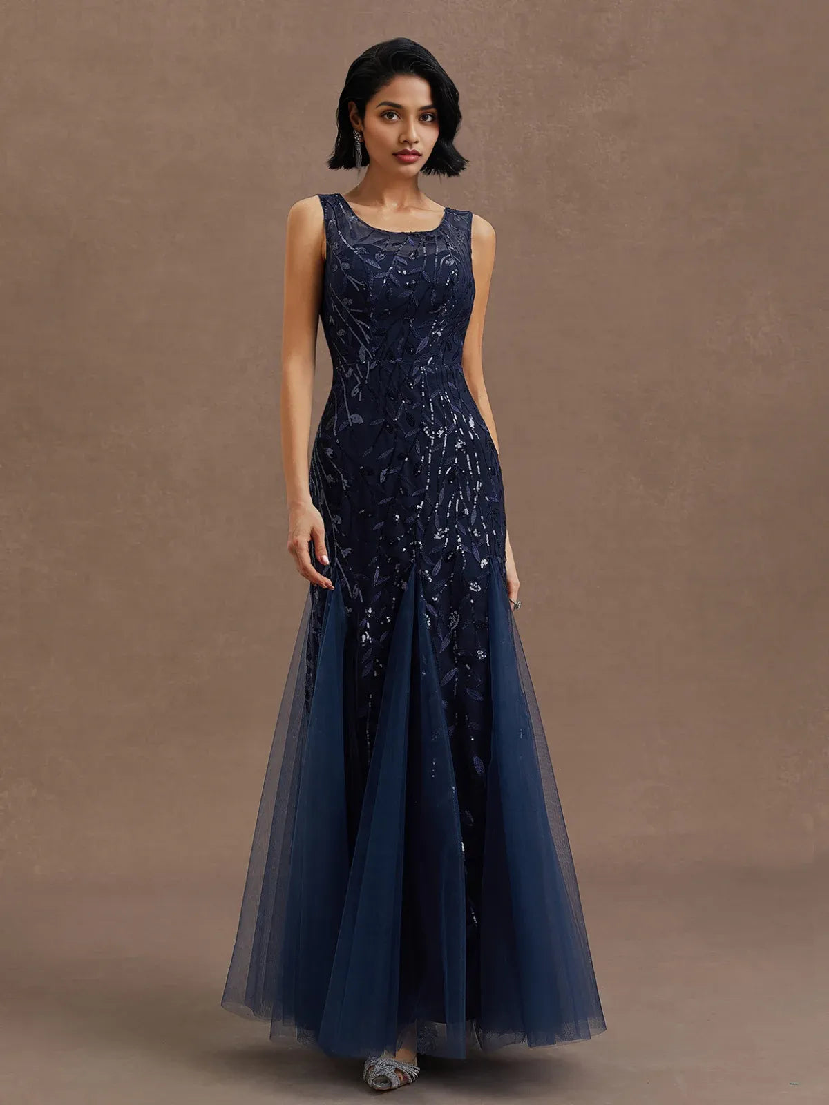 Sophisticated Graceful Stylish Elegant Navy Blue Tulle Sheath Sleeveless Floor-Length Prom Dress