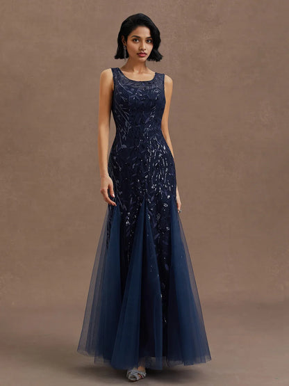 Sophisticated Graceful Stylish Elegant Navy Blue Tulle Sheath Sleeveless Floor-Length Prom Dress