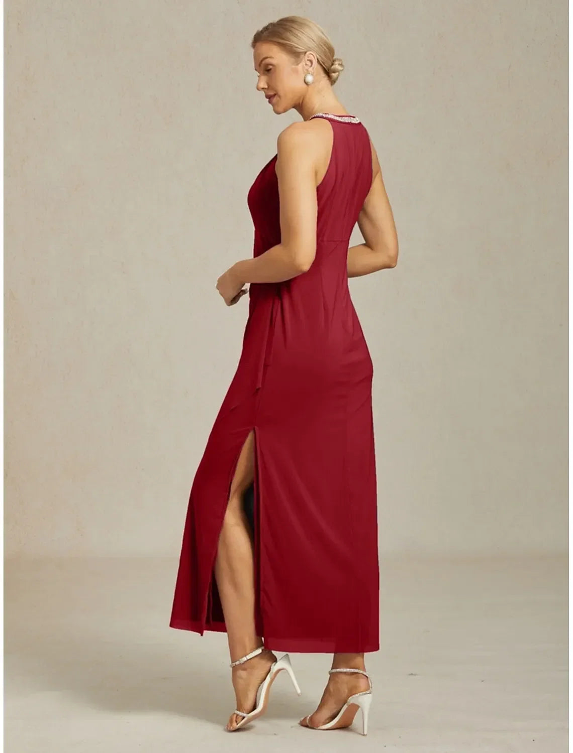 Burgundy Sheath Halter Neck Sleeveless Ruched Maxi Evening Dress