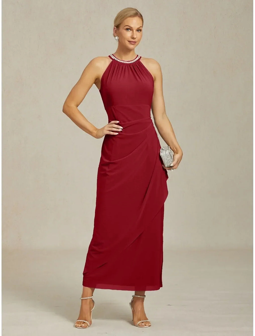 Burgundy Sheath Halter Neck Sleeveless Ruched Maxi Evening Dress