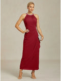 Burgundy Sheath Halter Neck Sleeveless Ruched Maxi Evening Dress