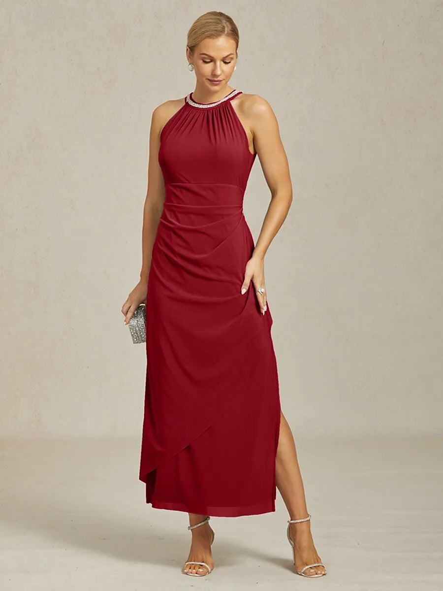 Burgundy Sheath Halter Neck Sleeveless Ruched Maxi Evening Dress