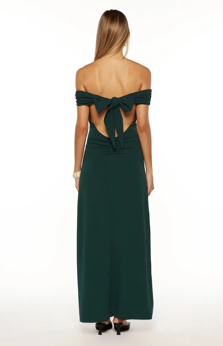 Teal Sheath Off-the-Shoulder Sleeveless Tie Back Floor-Length Prom Dresses with Back Bow Detail