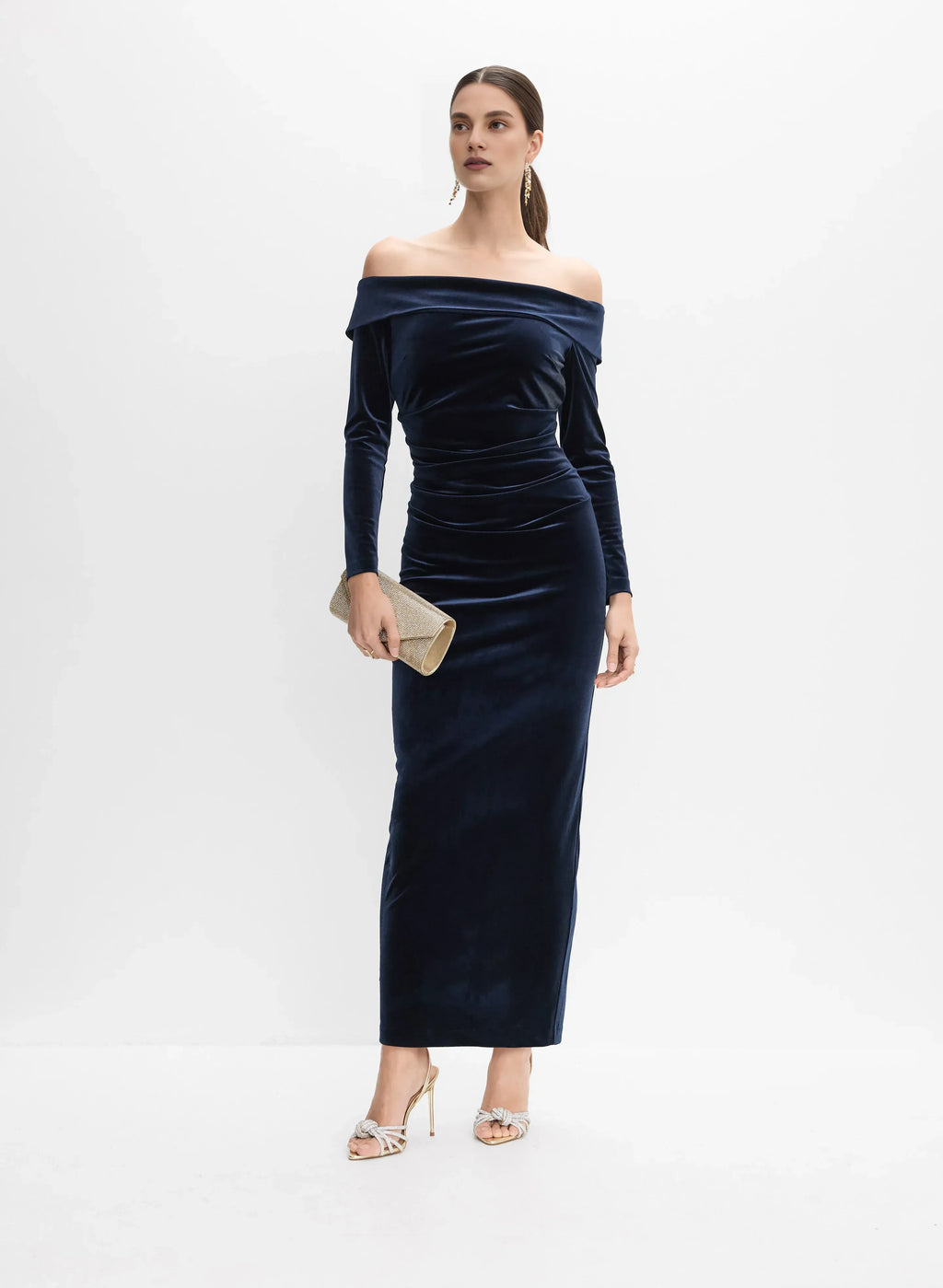 Refined Beautiful Elegant Navy Blue Velvet Sheath Long Sleeve Floor-Length Prom Dress