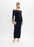 Refined Beautiful Elegant Navy Blue Velvet Sheath Long Sleeve Floor-Length Prom Dress