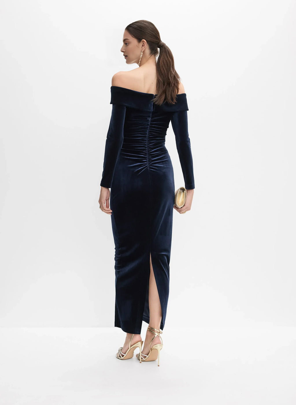 Refined Beautiful Elegant Navy Blue Velvet Sheath Long Sleeve Floor-Length Prom Dress
