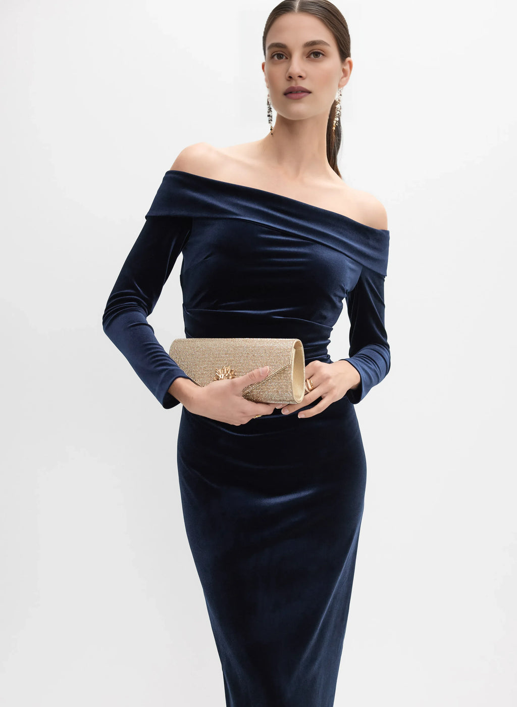 Refined Beautiful Elegant Navy Blue Velvet Sheath Long Sleeve Floor-Length Prom Dress
