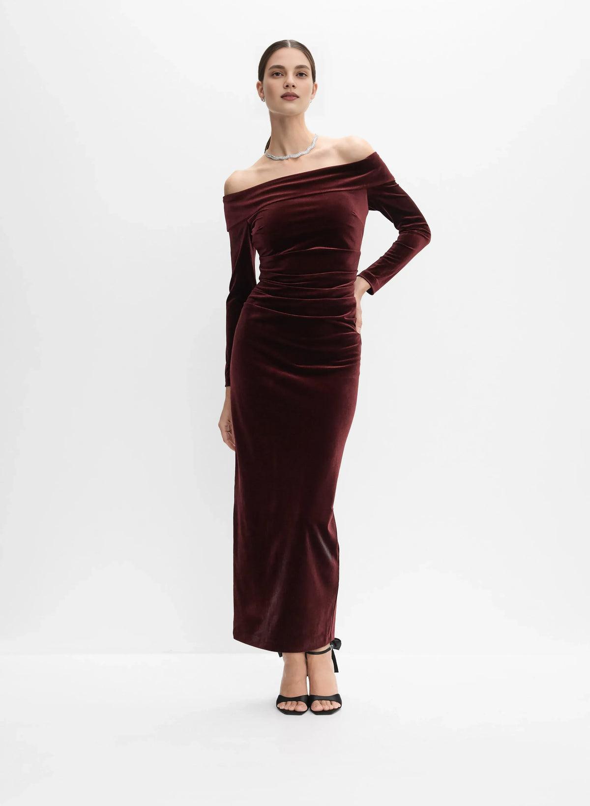 Refined Beautiful Elegant Navy Blue Velvet Sheath Long Sleeve Floor-Length Prom Dress