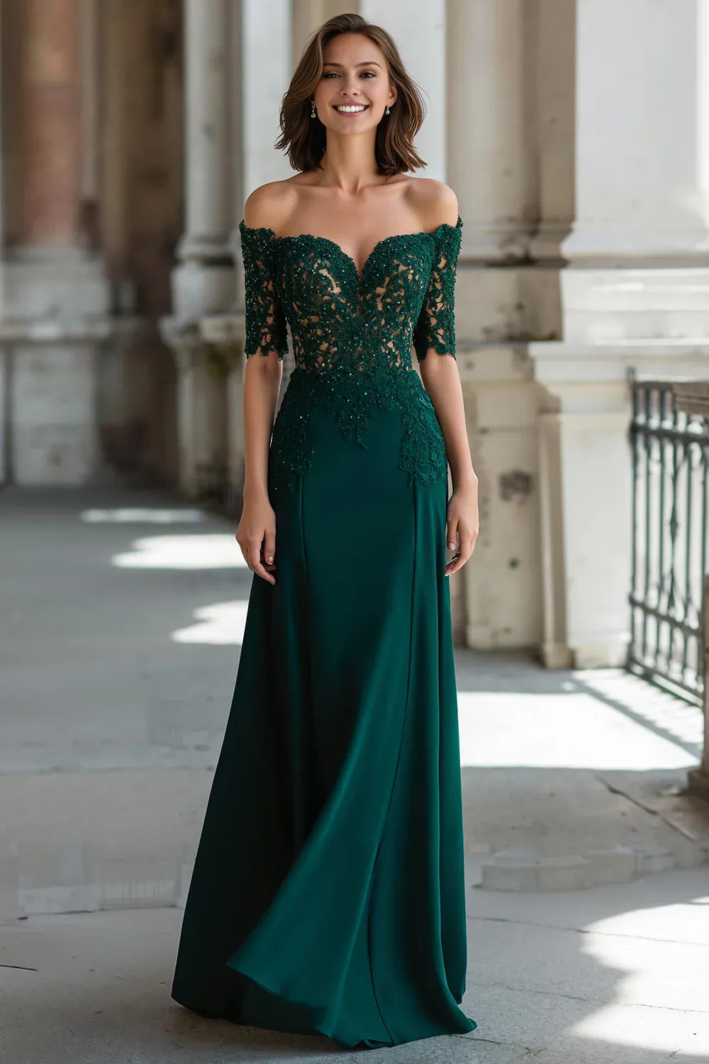 Elegant Emerald Green Lace Sheath Short Sleeve Floor-Length Mother of the Bride Dress