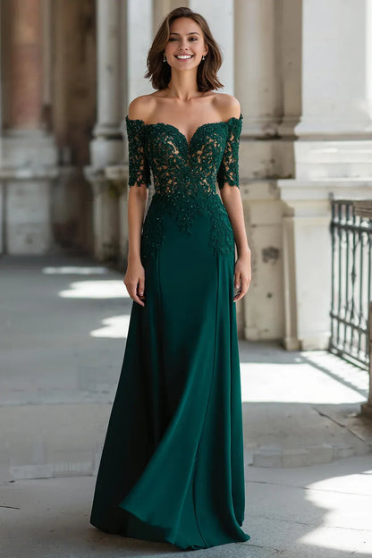 Elegant Emerald Green Lace Sheath Short Sleeve Floor-Length Mother of the Bride Dress