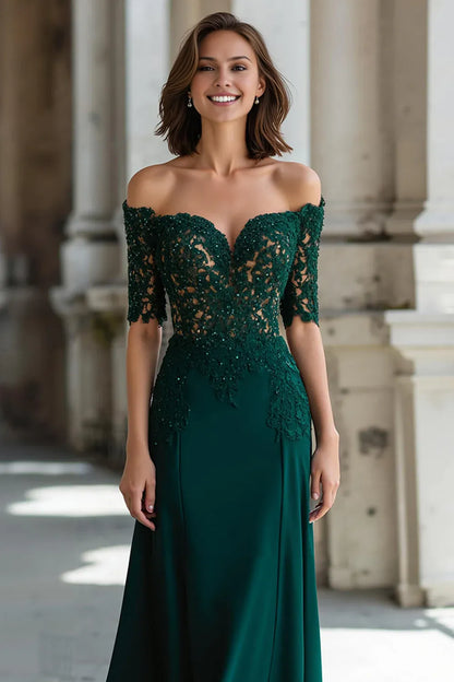 Elegant Emerald Green Lace Sheath Short Sleeve Floor-Length Mother of the Bride Dress
