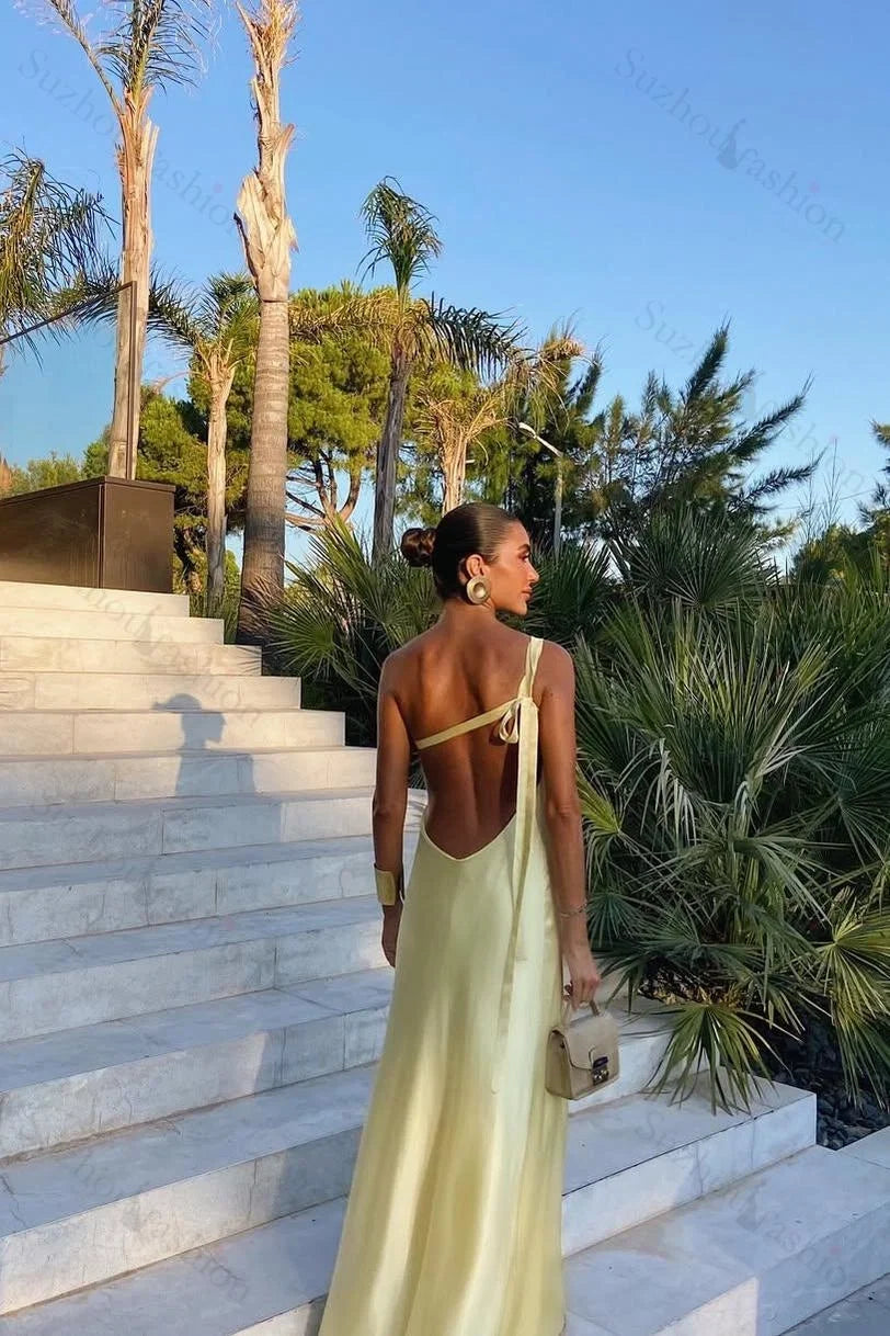 Yellow Sheath One-Shoulder Backless Pale Floor-Length Prom Dress