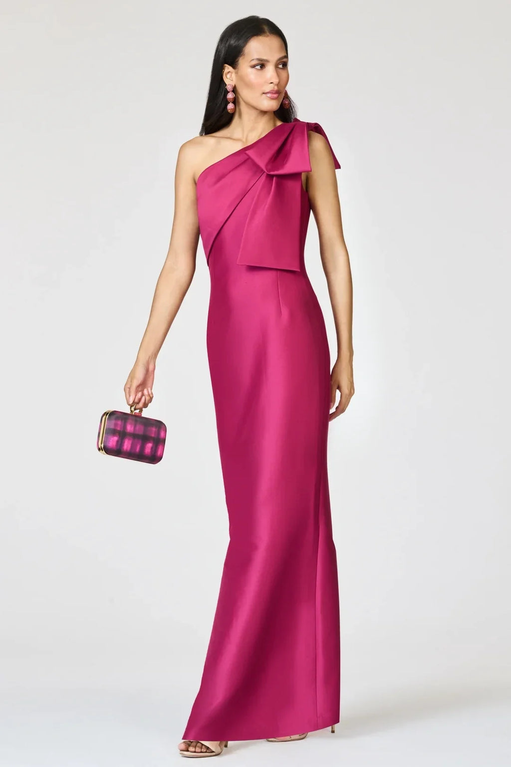 Sheath One-Shoulder Bow Magenta Floor-Length Prom Dress