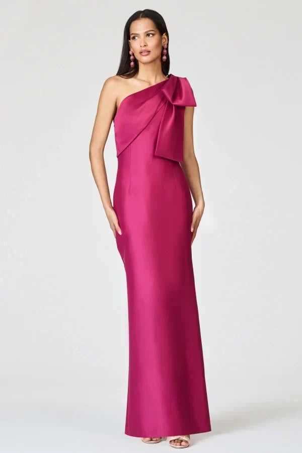 Sheath One-Shoulder Bow Magenta Floor-Length Prom Dress