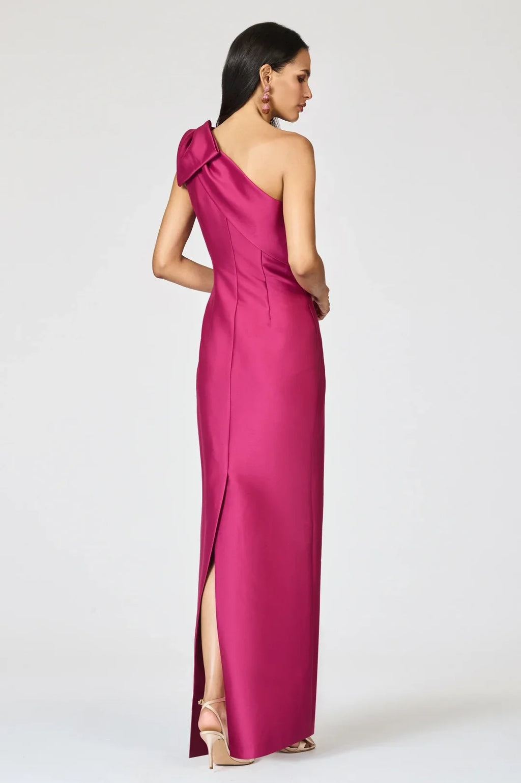Sheath One-Shoulder Bow Magenta Floor-Length Prom Dress