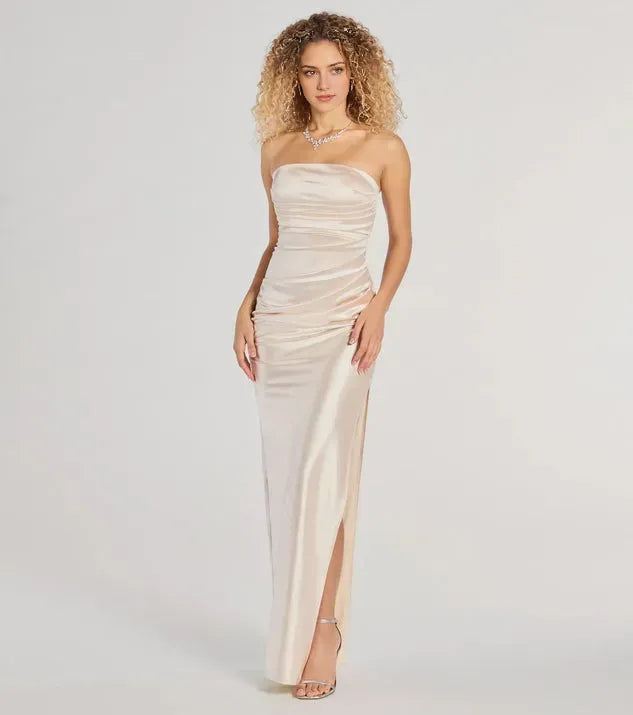Sheath Pleated Neck Strapless Back Zip Floor-Length Ruched Prom Dresses with High side slit